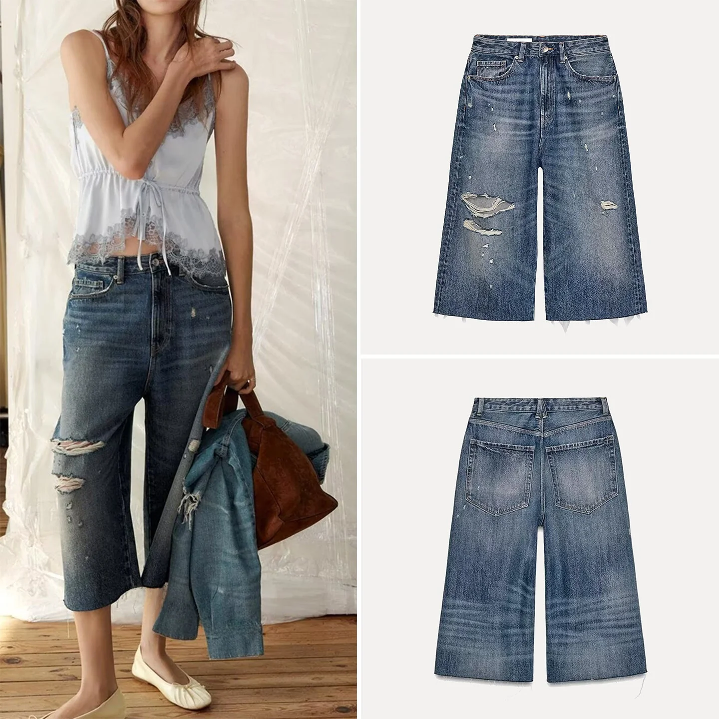 

Fashionable Ripped Decorative Mid-Waist Casual Denim Shorts Women's Straight Leg Jeans Spring 2026 New Arrival ZADATA Brand