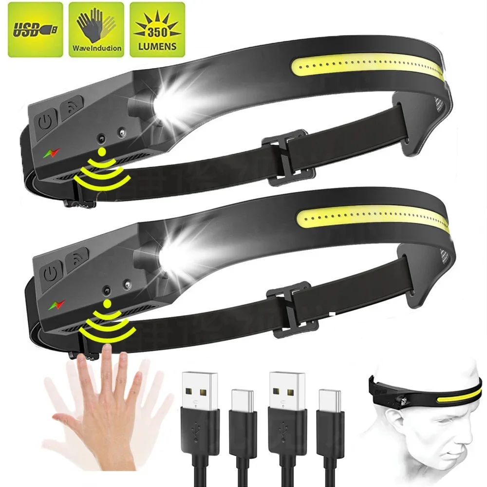 Pop 230°Bright Beam Headlamp LED Sensor Head Lamp Built-in Battery USB Rechargeable Head Flashlight Outdoor Camping Fishing Head