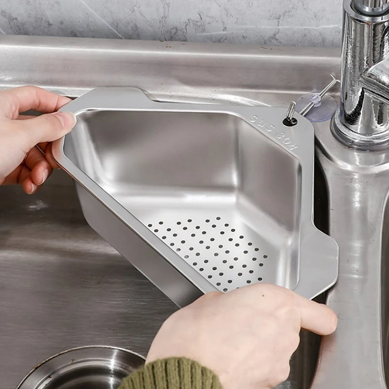 Stainless Steel Triangle Drain Basket Kitchen Sink Filter Shelf Fruit Vegetable Drainer Storage Rack Basket Bar With Suction Cup