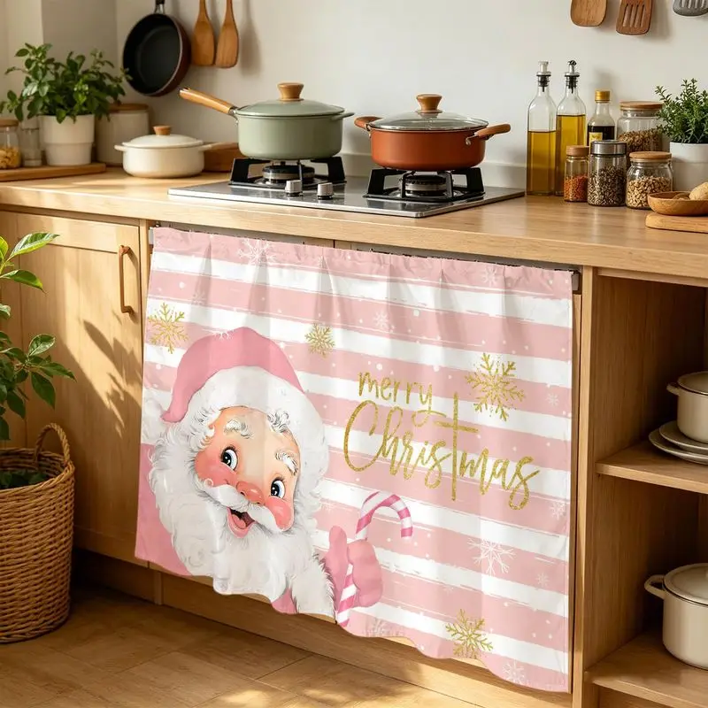 VIKAMA Cabinet Curtain Christmas Santa Print Dresser Curtain for Kitchen Sink Shelf Home Holiday Decor