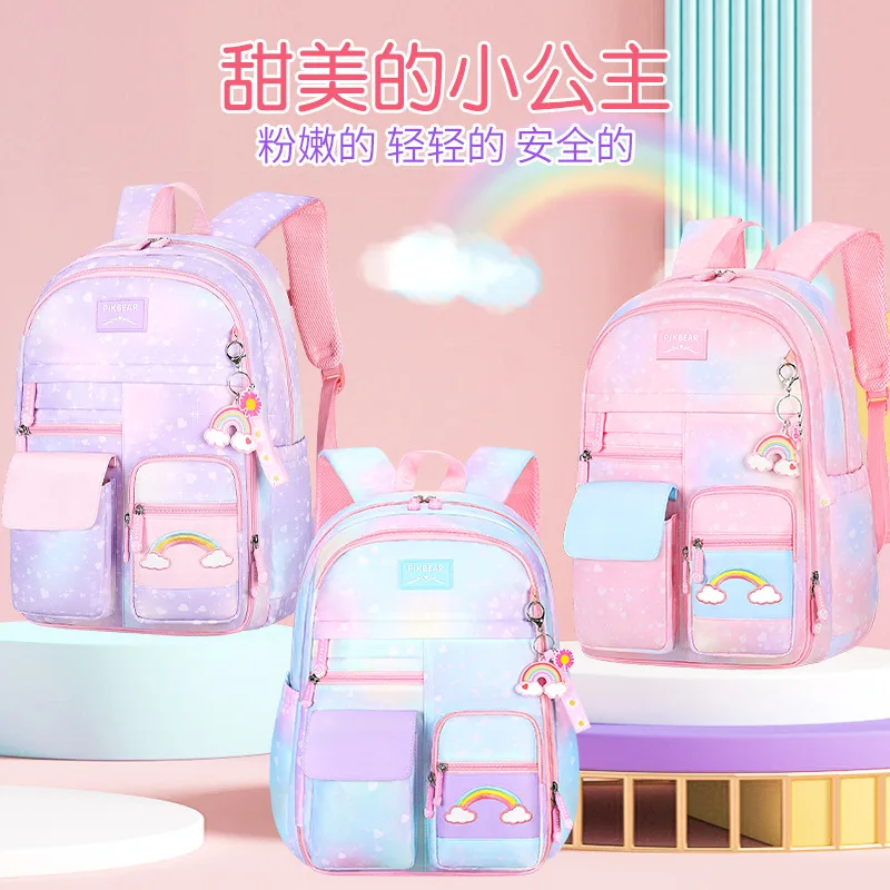 Elementary Students Kids Backpack Girls Large Capacity Breathable Lightweight Spine Care Waterproof Cute Rainbow School Backpack