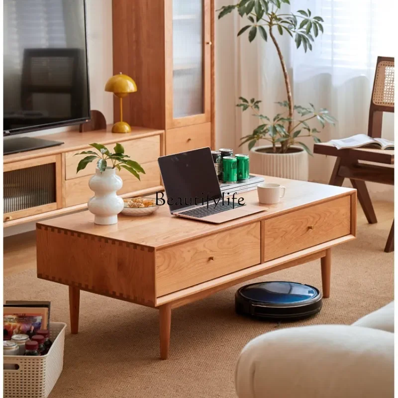 Nordic cherry wood all solid wood coffee table log furniture Japanese simple living room tea table