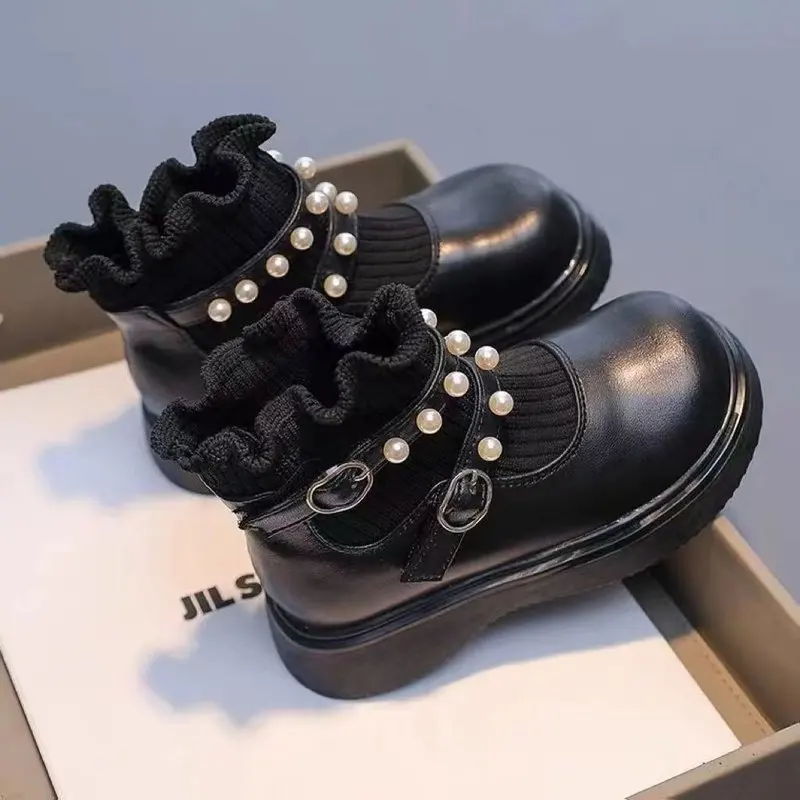 Girl's Short Boots Ankle-High Beading Autumn Fly-Woven Kids Sock Boot Wedges Flexiable Sweet Slip-on Toddler Children Boot 23-36
