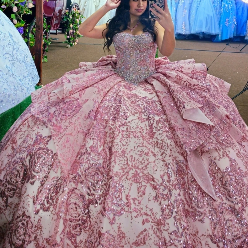 Pink Ball Gown Quinceanera Dresses Sequin Applique Lace Beading Crystal Bow Tiered Tull Corset Off The Shoulder Sweet 16 Dress