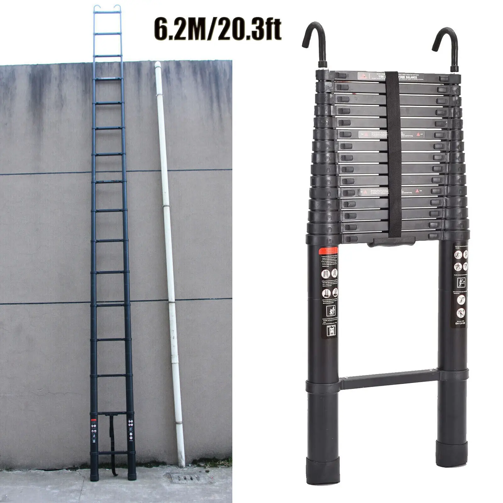 Échelle télescopique en aluminium de 6,2 m, échelle à marches extensible, échelle d'appui, échelle polyvalente | Crochet amovible en deux parties. Robuste et sûre