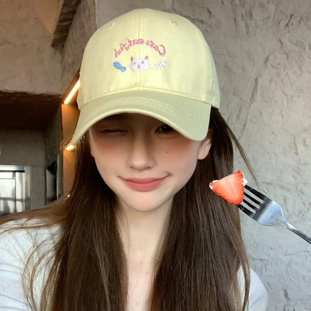 

Leisure Embroidery Cat Cartoon Baseball Cap Casual Sunscreen Sunshade Hat Cotton Japanese Style Peaked Cap Spring and Summer