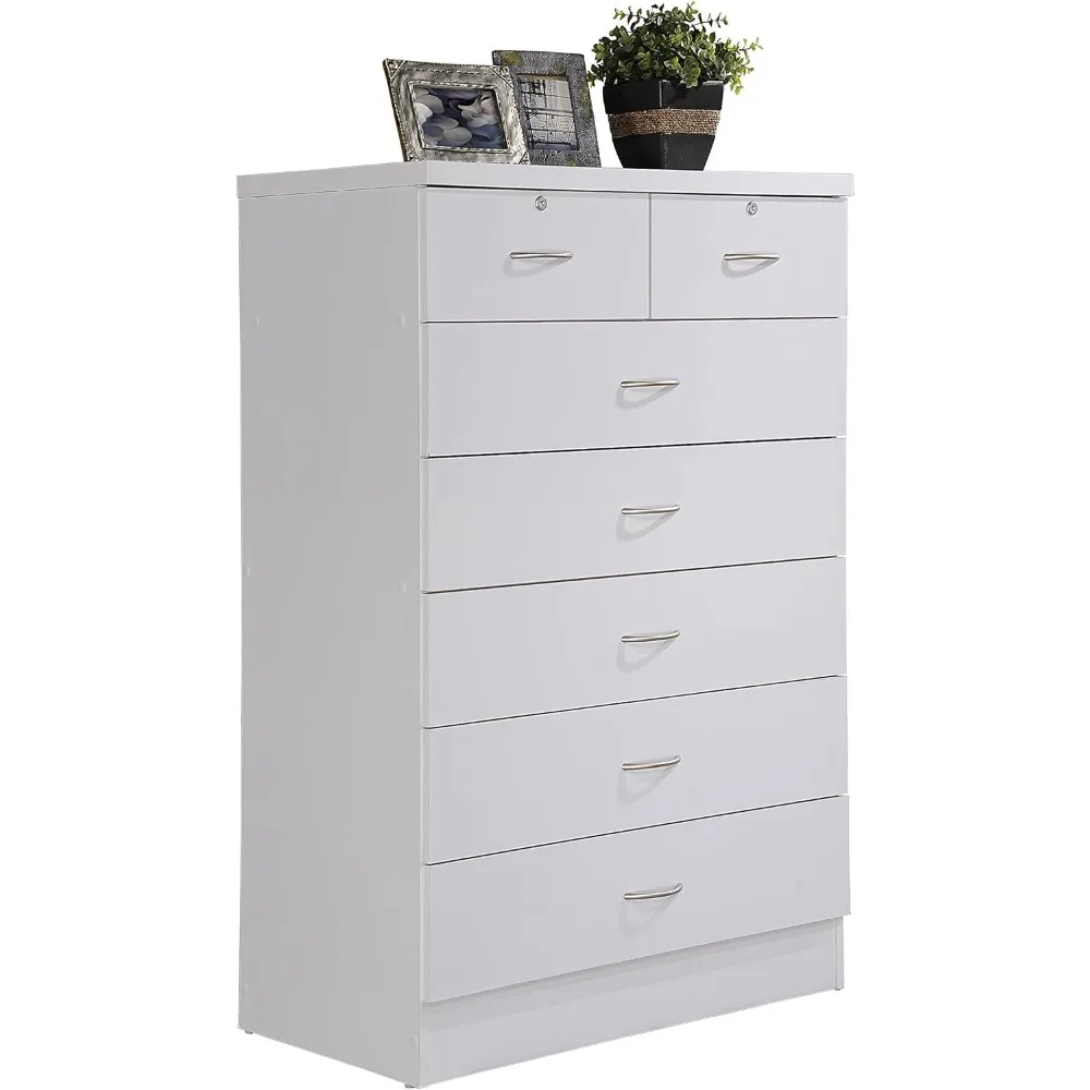 7 Drawer Wood Dresser for Bedroom, with 2 Locks on the Top Drawers, Storage Organization Unit for Clothing, White