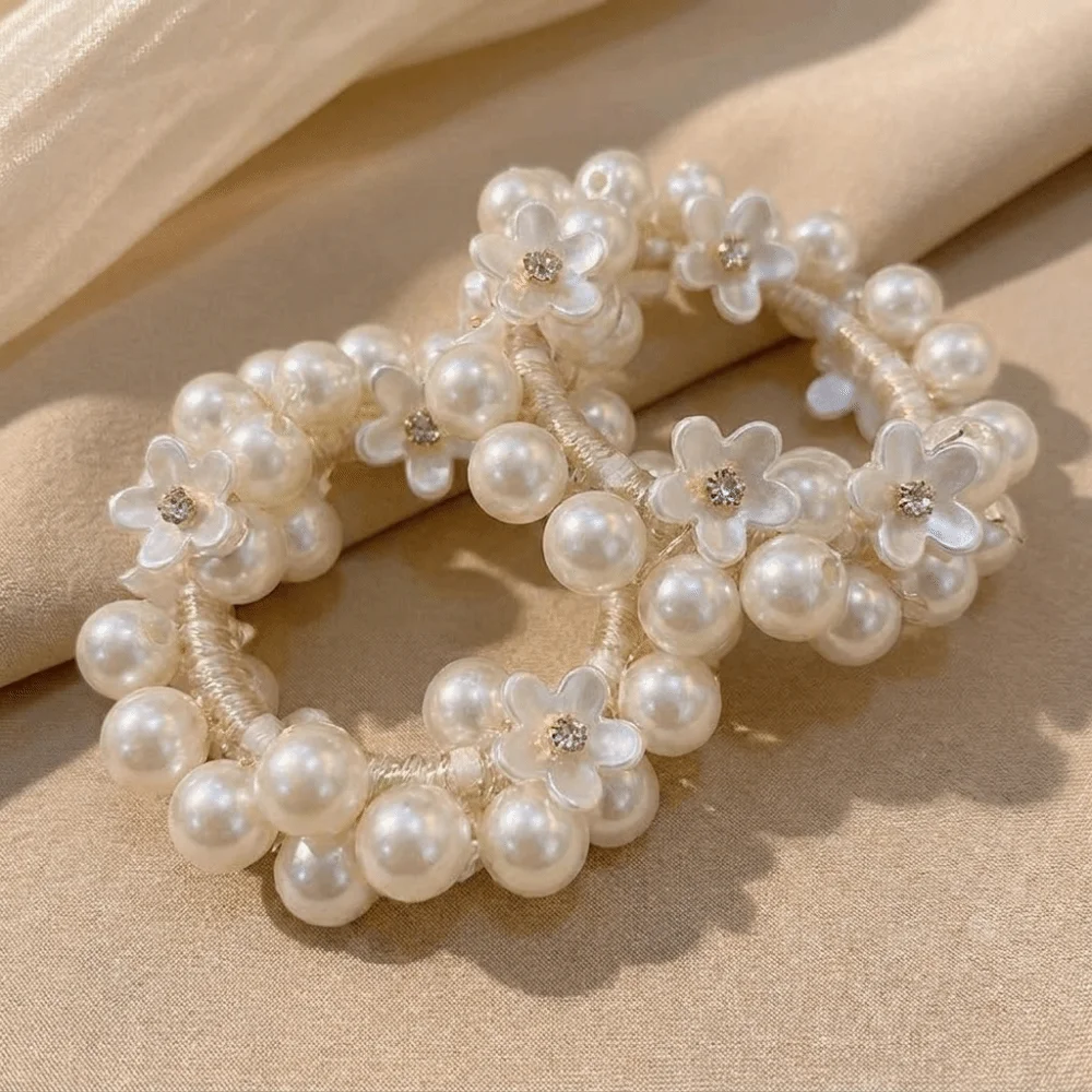 Wearable Sweet Faux Pearl Hair Ties Beaded 2 in 1 Hair Accessories Elegant Hand-Woven Elastic Hair Rope All Match