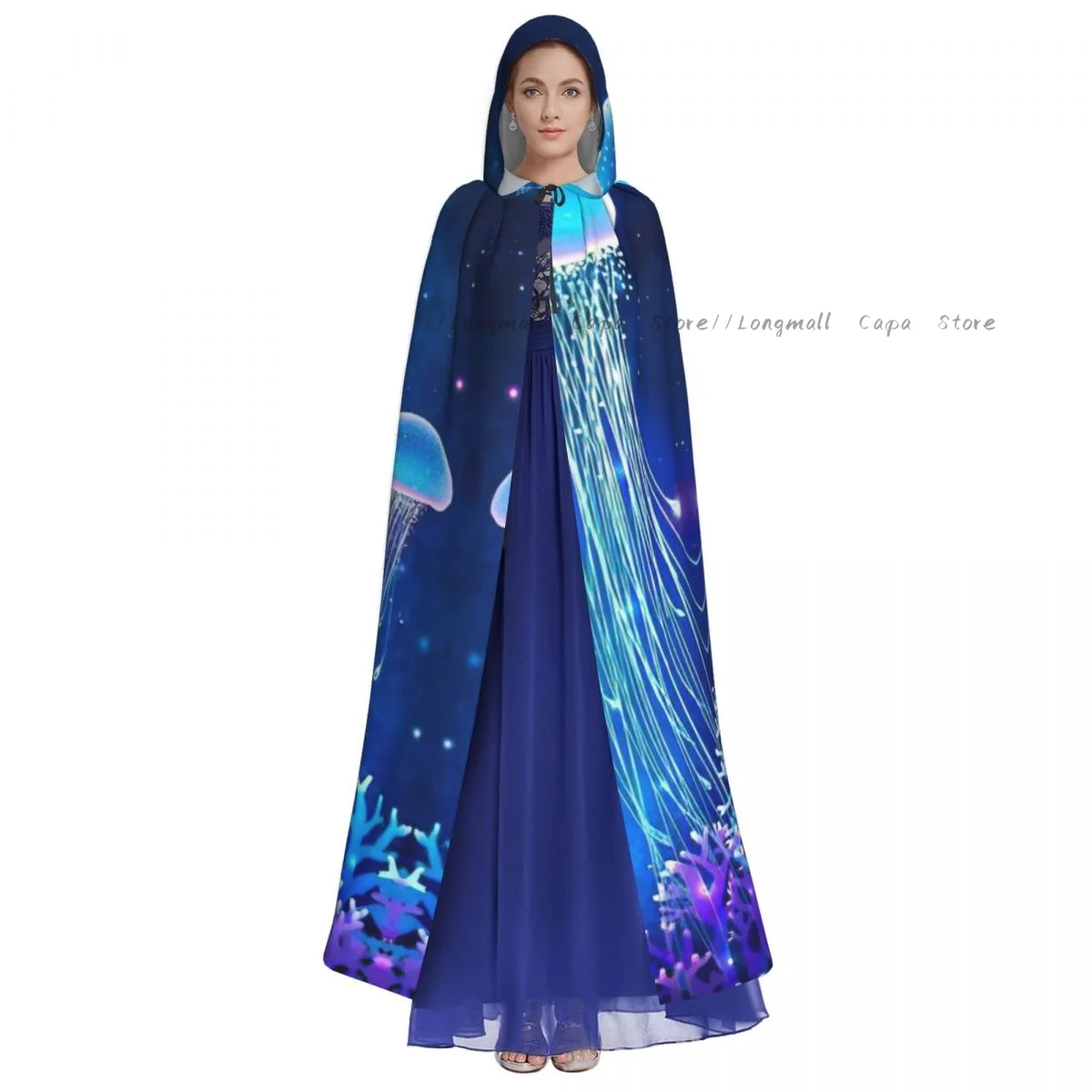 Magic Glowing Jellyfish Underwater Hooded Cloak Coat Halloween Cosplay Costume Vampire Devil Wizard Cape Gown Party