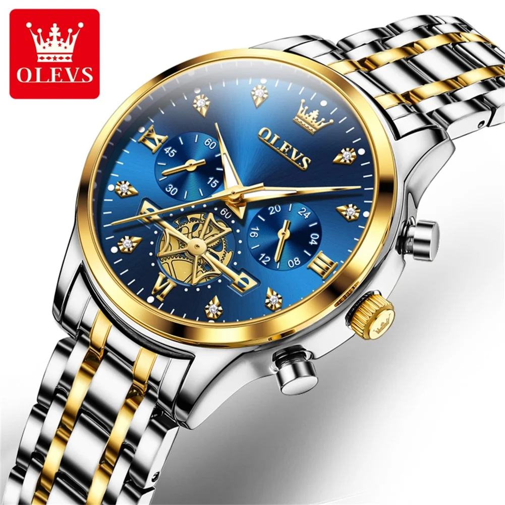 OLEVS Chronograph Quartz Wrist Watch for Women Steel Strap Waterproof Ladies Watches Fashion Flywheel Design Woman Watches 2897