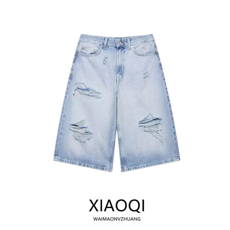 

Summer 2025 Women's Faion Design Hole Decoration Mid-Waist Jeans orts New Arrival l Waist Six-Part Pants