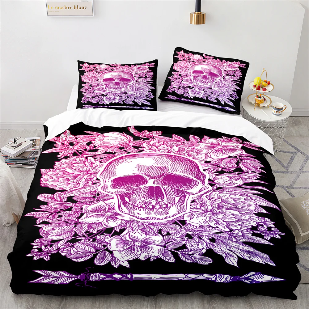 Sugar Skull King Queen Duvet Cover Gothic Skeleton Bones Floral Bedding Set Day of The Dead Theme 2/3pcs Polyester Quilt Cover