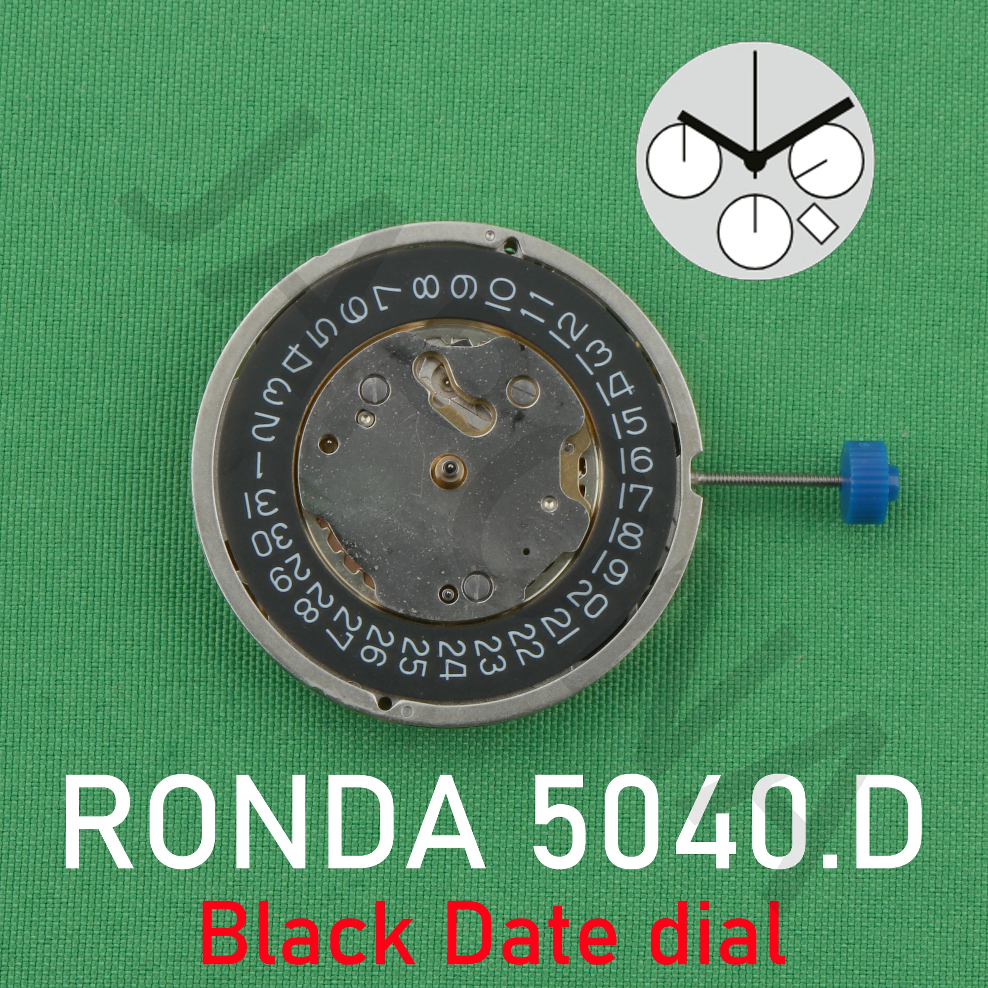 Ronda-reloj con movimiento 5040.D, accesorio de pulsera con movimiento 5040, núcleo de movimiento blanco, piezas Swiss, 6 joyas/Esfera de fecha negra niquelada