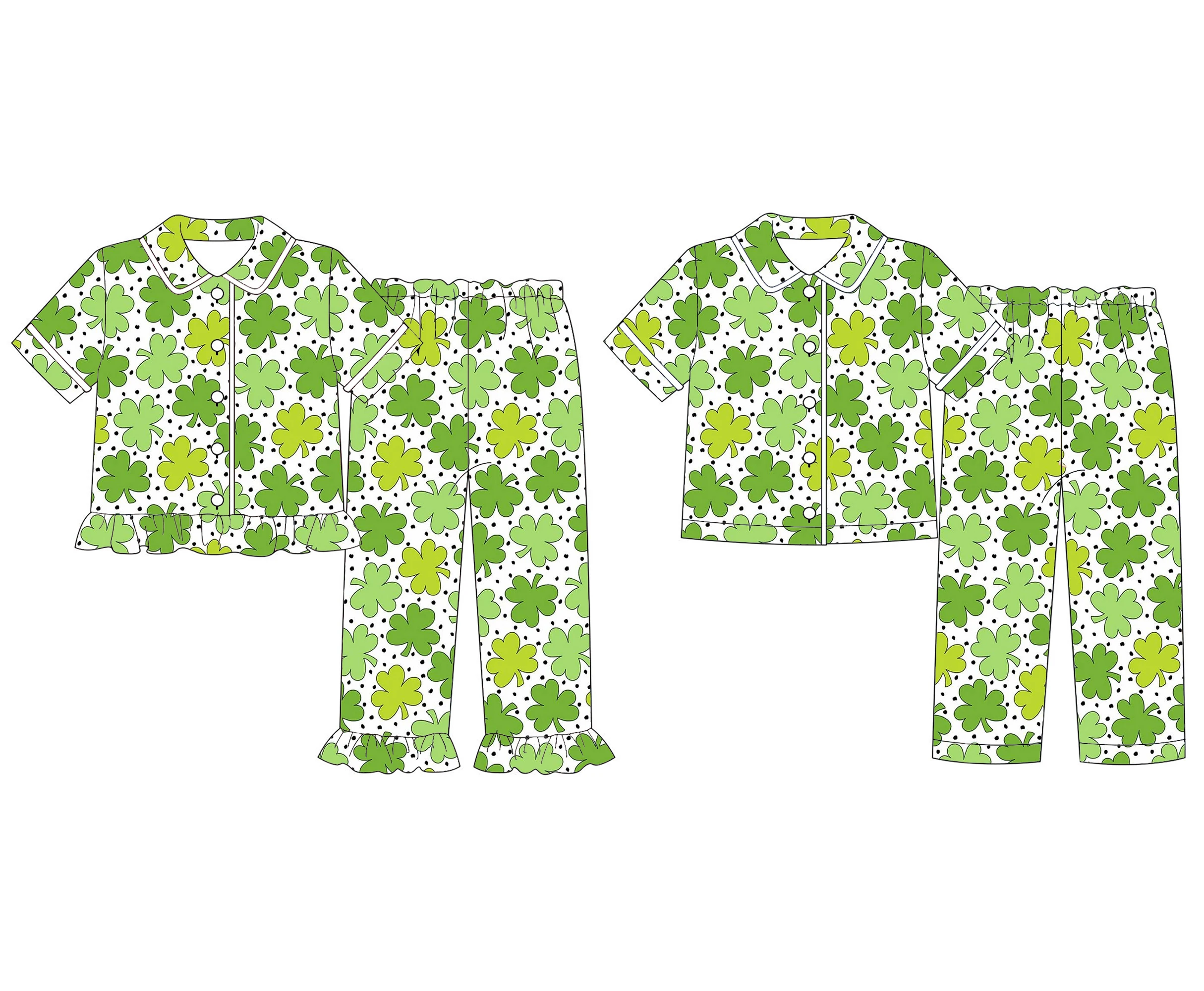 St. Parker's Day Boutique Children's Set Short Sleeve Long Pants Boys Girls Pajamas Set Four Leaf Clover Print 2 Piece Set
