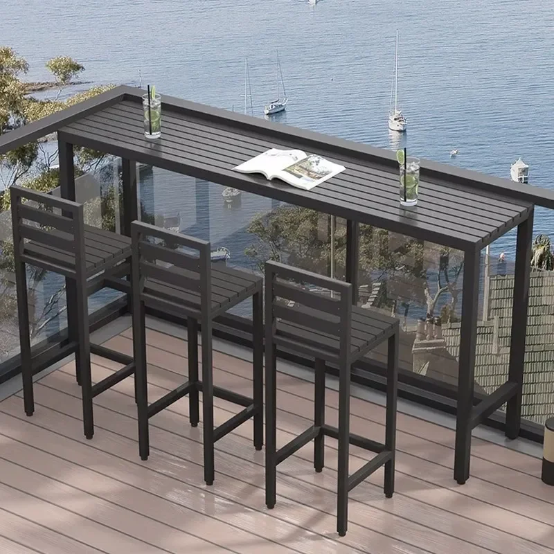 Outdoor Bar Counter Plastic Wood Table and Chair Set Open Air Balcony Long Strip Wall Mounted Table Weatherproof Sun