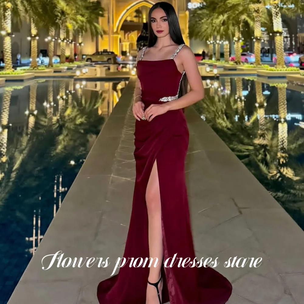 

Flowers Spaghetti Strap Dress Trumpet Party Dress Crystal Evening Dress Split Formal Occasion Dress for Arabic Women Customized