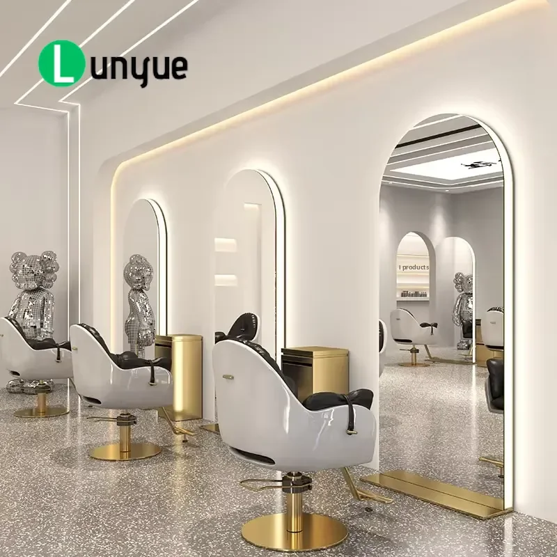 LED Hair Mirror Wall Mounted Leather Frame Single Double Sided Styling Mirror for Hair Dye Commercial Fashion Beauty