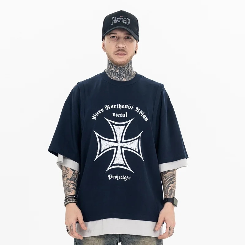 Men's Clothing | 2024 Spring and Summer New Gra Style Joint Three-piece Splicing Cross Crack Printed Short Sleeve T-Shirt