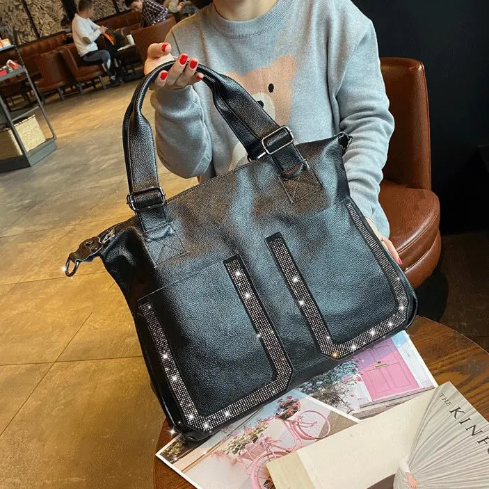 Luxury Fashion Diamond Leather Women Handbags Tote Bag Soft Black Cowhide briefcase Shoulder Bag 14 Inch Laptop Bags Big 2024