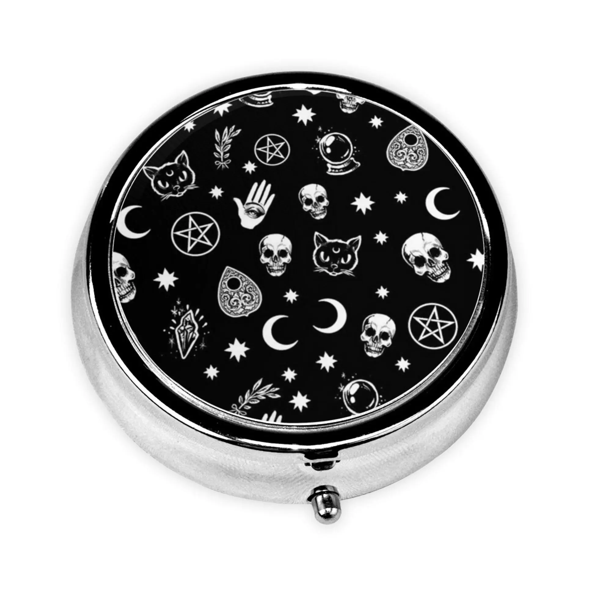 Gothic Skull Cat Moon Pattern Round Pill Box Medicine Tablet Holder Organizer Case Portable Metal Medicine Container for Purse