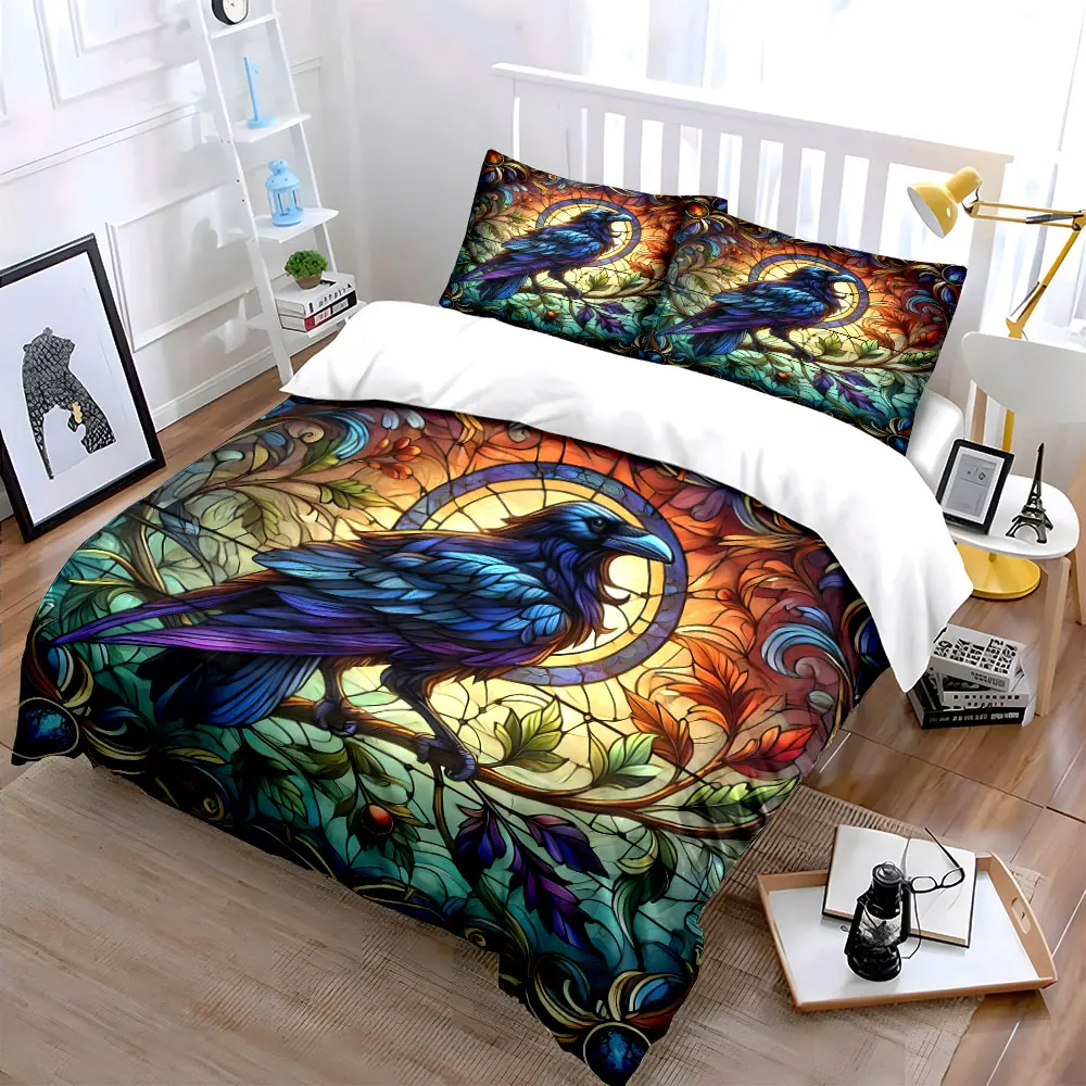 Stained Glass Crow Artwork Printed Duvet Cover Set1 Duvet Cover+2 PillowcaseMulti Size Bedroom Bedding Decor Luxury gifts