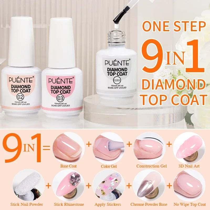 15ML 9-IN-1 funzione Diamond Top Coat Gel smalto per unghie One Step Base Top Coat Gel da costruzione Base IN polvere cromata vernice UV per unghie