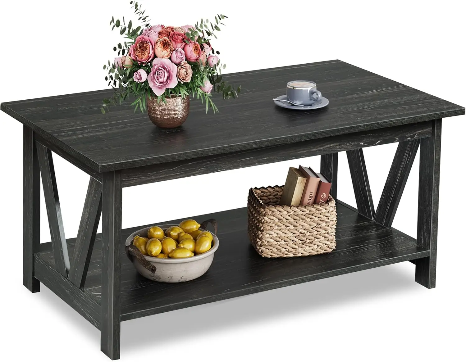 

Coffee Table with Storage Shelf, 39.4inch Farmhouse Coffee Table with V-Frame Support, 2-Tier Wood Rustic Center Table
