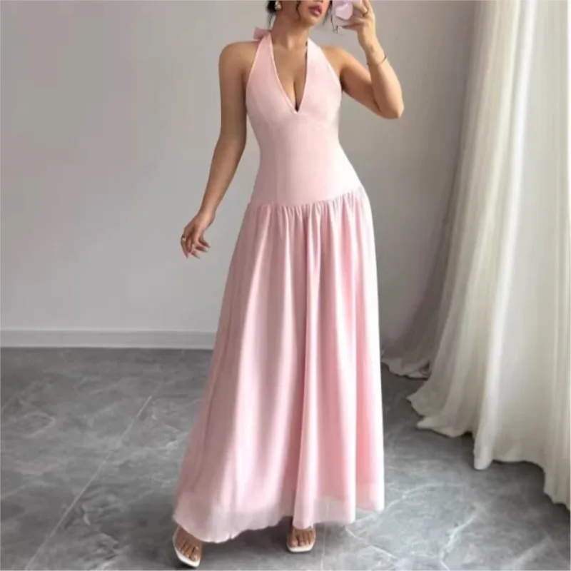 

Women's New Solid Color Sleeveless Lace Up Halter Neck Long Dress V-Neck Backless Summer Elegant Vestidos De Fiesta Elegantes