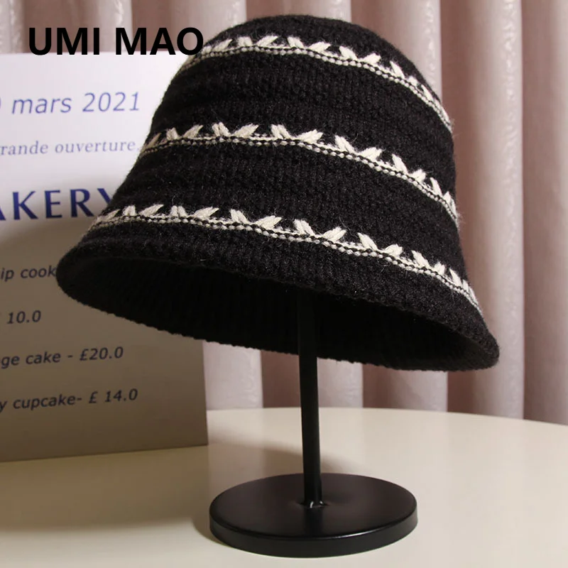UMI MAO Knitted Bucket Hat  Women Autumn Winter Korean Style Versatile Artistic Fisherman Hat Warm Woolen Hat That Makes  Cap