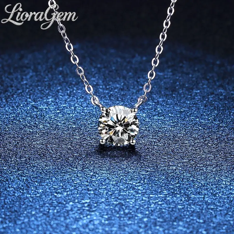 

LioraGem Classic Four-prong Single Moissanite Pendant Choker, 1-2-3-5 Carat Moissanite Necklace for Women Platinum PT950 Stamp