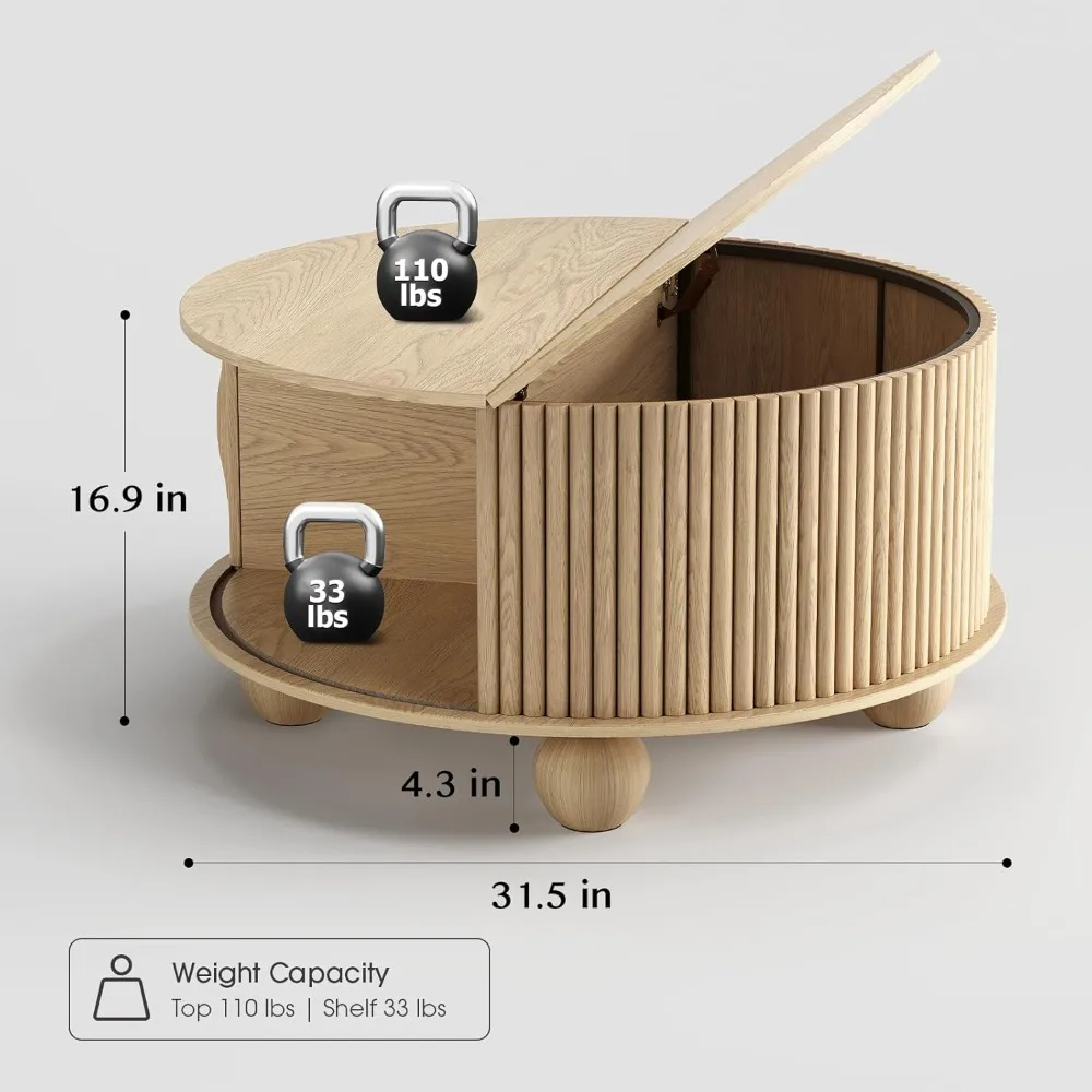 Mid-Century Modern Fluted Coffee Table with Storage for Small Living Rooms