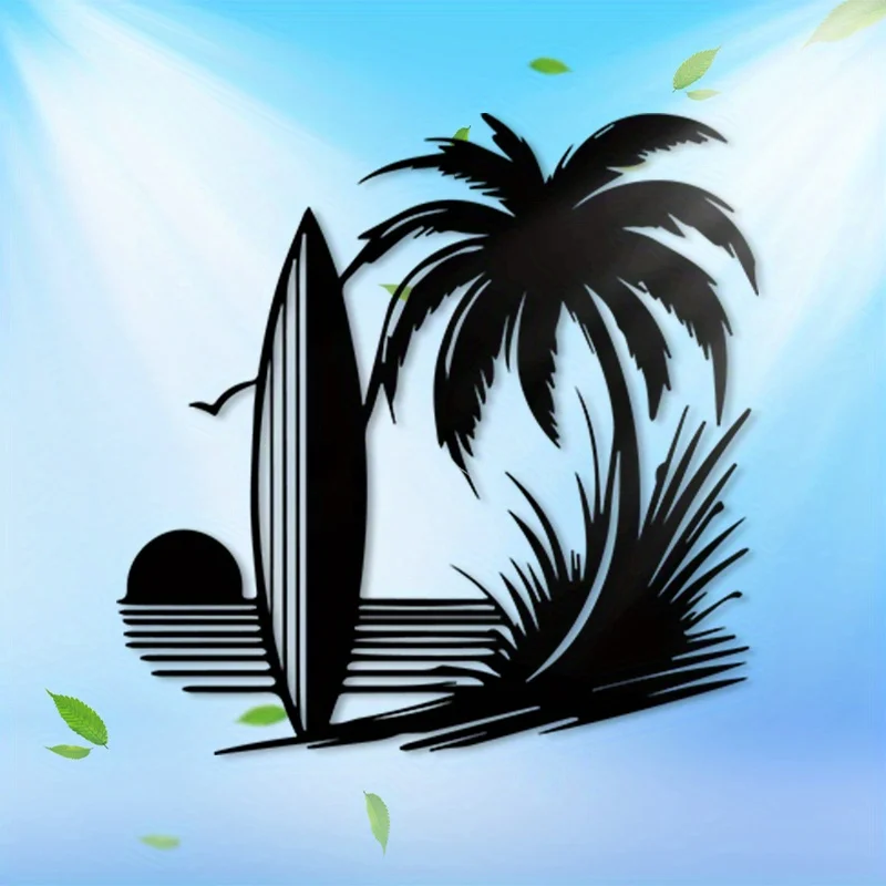 Surfboard Palm Iron Wall Art Rustproof Indoor Outdoor Patio Balcony Hanging Decor Surfing Enthusiast Home Garden Ornament