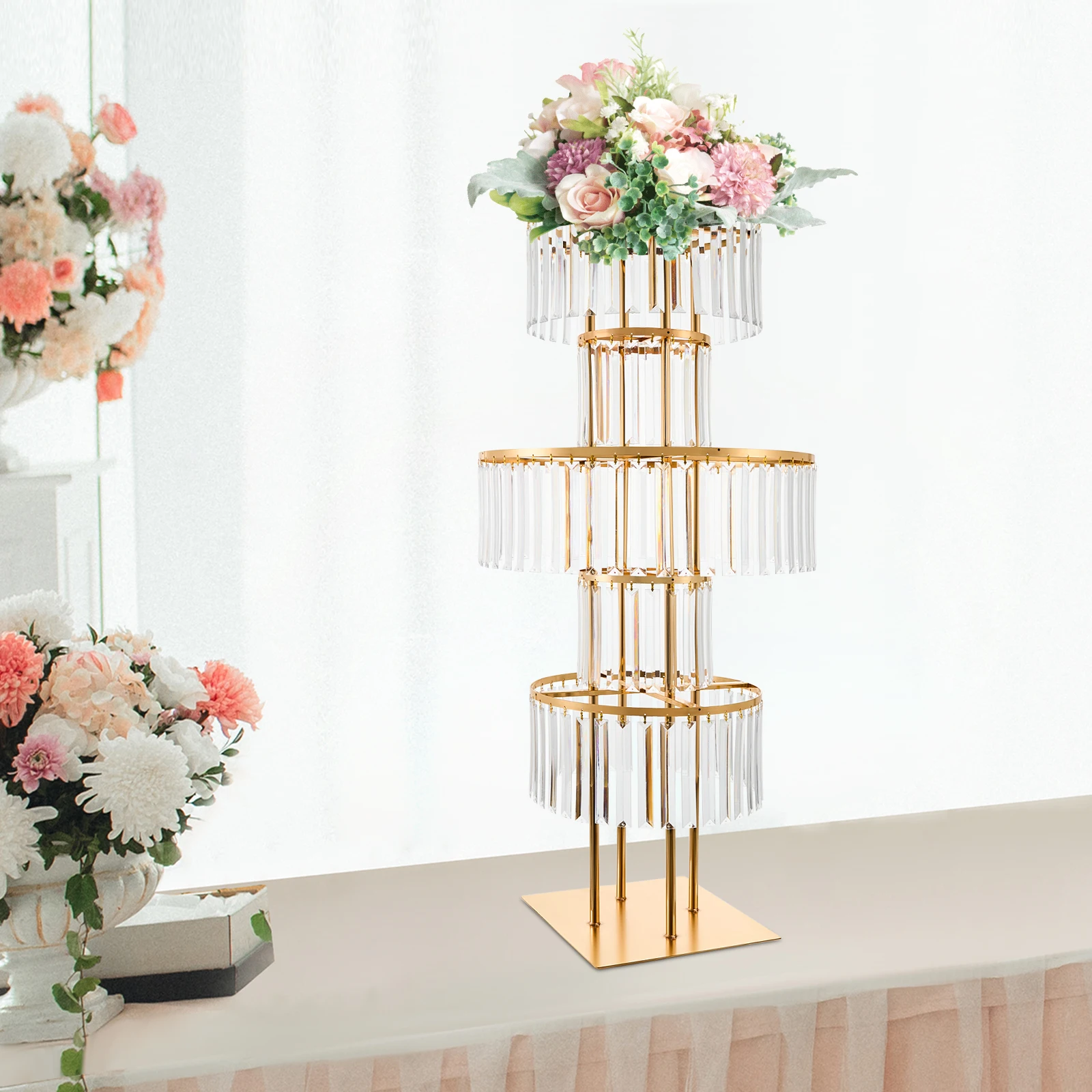 5-Tier Gold Display Stand, 110cm High Crystal Wedding Centerpieces Floral Rack, Free Standing Flower Stand for Banquet, Festival, Birthday Party