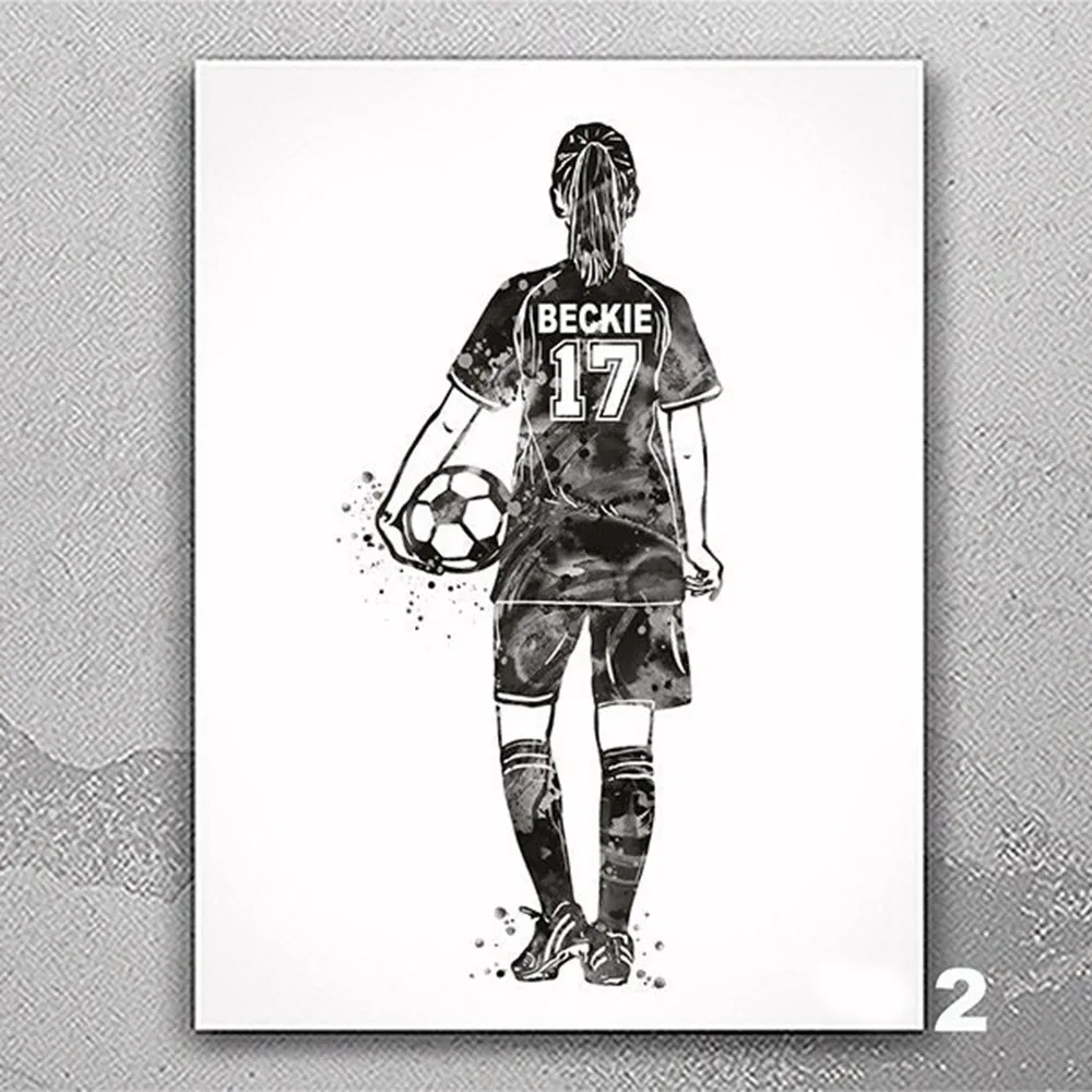 Soccer Player Girl Personelized Watercolor Print Customize Male Football Gift Wall Art Home Decor Picture For Kids Room