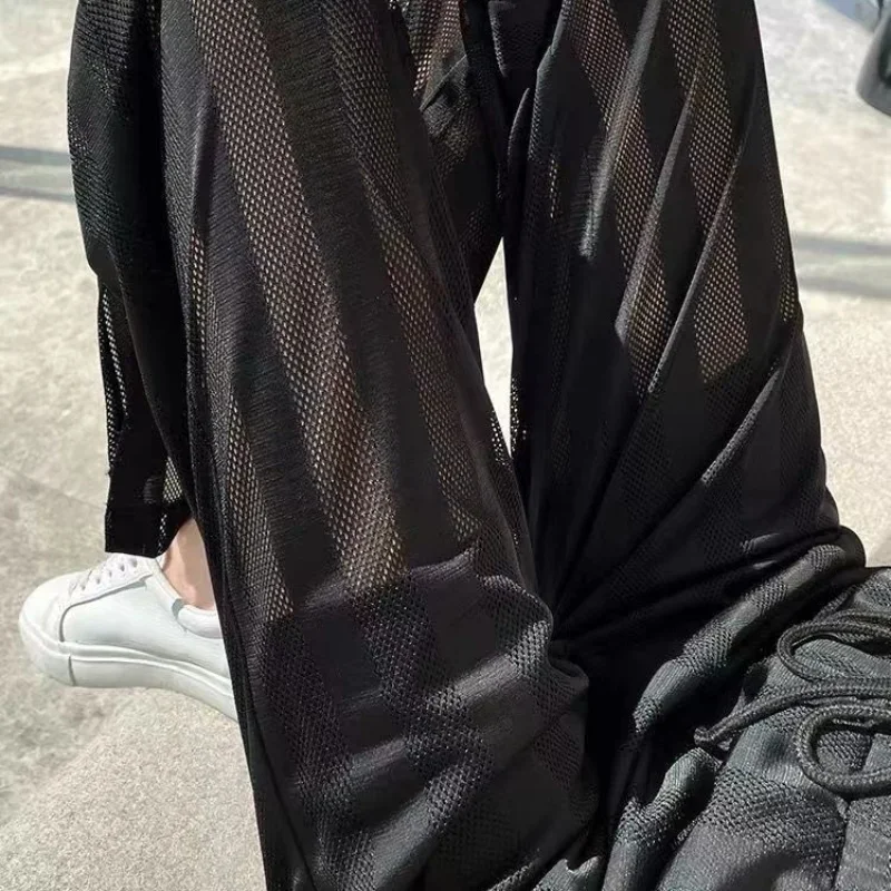 여성용 스트라이프 트라우저 스트레이트 레그 투명 와이드 슬릿 화이트 여성 바지 메쉬 한국 패션 원 사이즈 90년대 의류