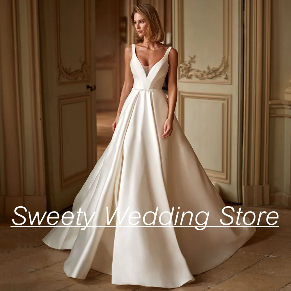 

Charming Wedding Dress 2025 Sexy V Neck Sleeveless Satin Bridal Gown Court Train Backless A Line Bride Dresses Vestido De Noiva