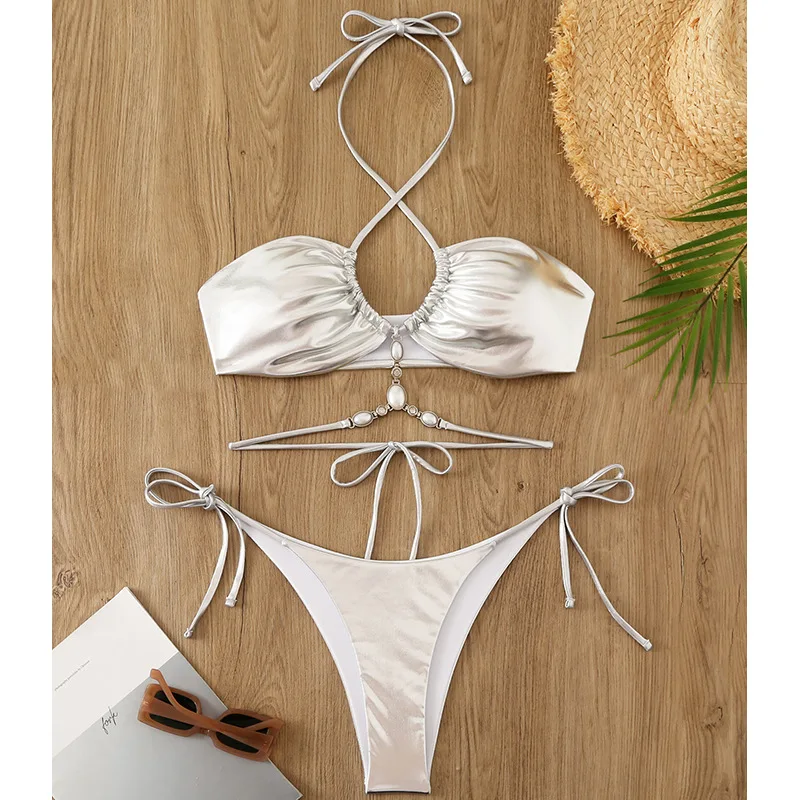 Sexy Silver Micro Bikini 2025 Women Swimsuit Chain Swimwear Thong Bikinis Set Brazilian Beachwear Bathing Suit Bronzing Biquini