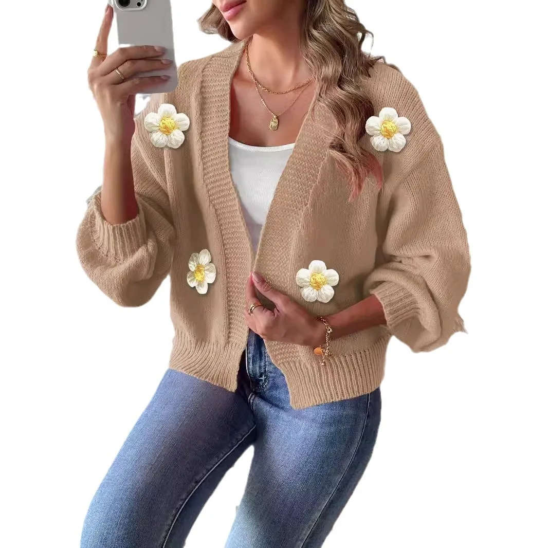 여성 카디건 스웨터 코트 플라워 니트 자켓 V넥 랜턴 슬리브 니트웨어 2025 가을 겨울 캐주얼 니트 아우터