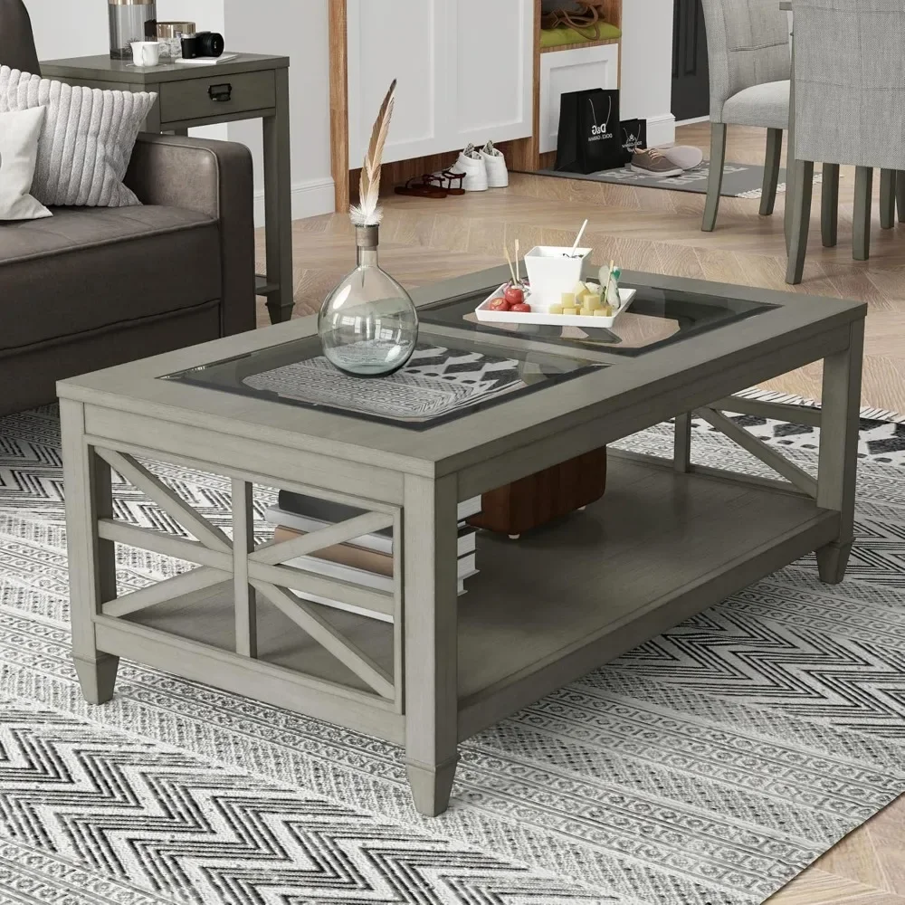 

Tempered Glass Top, Rectangular Living Room Table with 2-tire Storage Shelf, Industrial Centre Table, 45.5" X 26" Tabletop