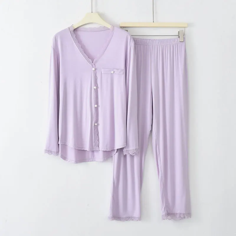 Ensemble de pyjama à manches longues pour femmes, cardigan décontracté, costume de pantalon à neuf points, vêtements de nuit, service à domicile,
