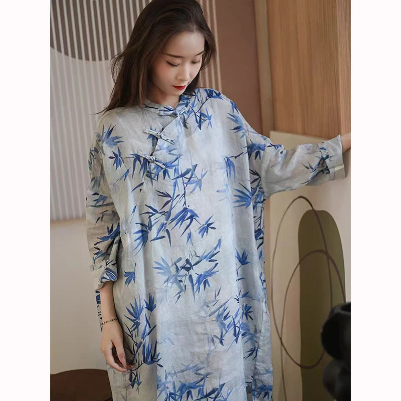 Wiosna Lato Chiński Styl Damska Sukienka z Rękawami Nietoperzowymi Luźna Długa Sukienka Vintage Nadruk Bawełna Len Sukienka w Linii A Dobra Jakość JM07