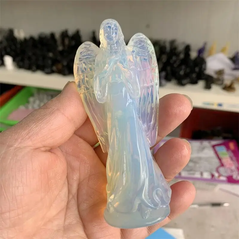 12cm Opalite Goddess Carved Crystal Quartz Gemstone Peace Angel Pocket Guardian Angel Reiki Healing Crystal Stone Figure