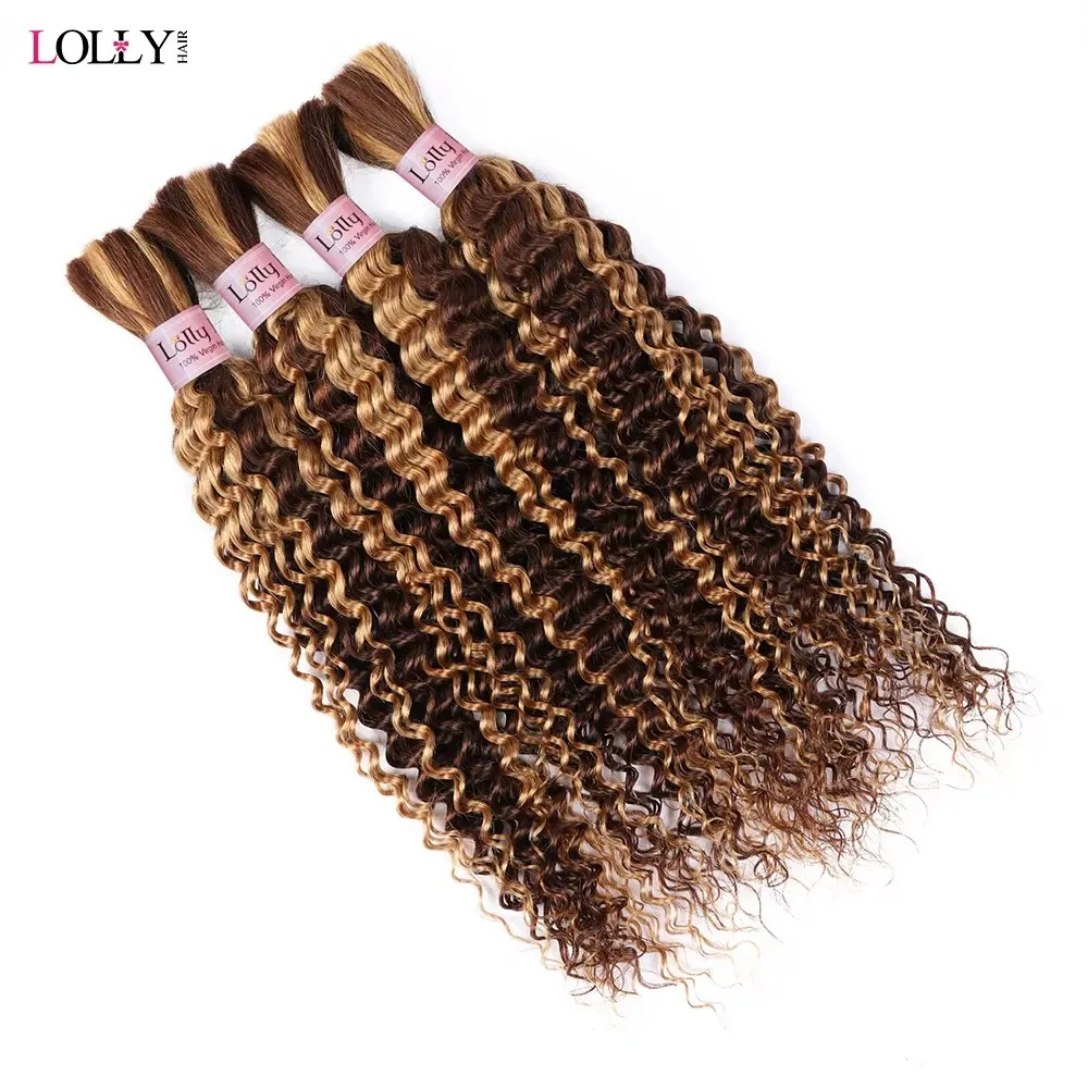 Bundles de cheveux humains Deep Wave pour femmes, extensions de cheveux en vrac pour tressage, sans trame, blond miel, 4 27 Highlight