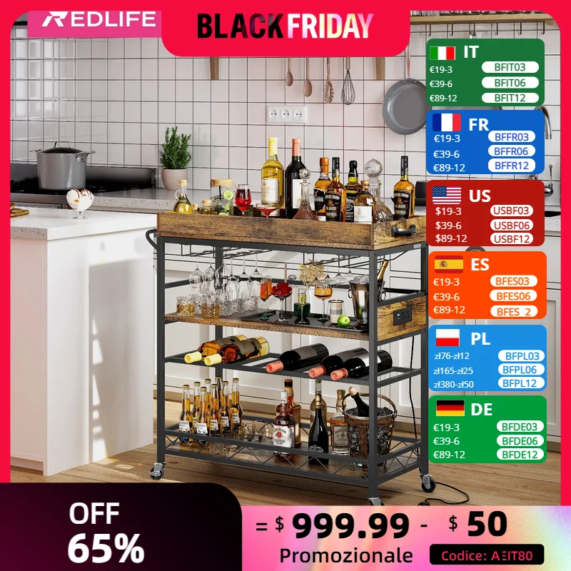 

Redlife-Home Bar Cart, Kitchen Organizer Cart, Mobile Storage Trolley, Wine Rack and Glass Holders, Living Room, Dining Room