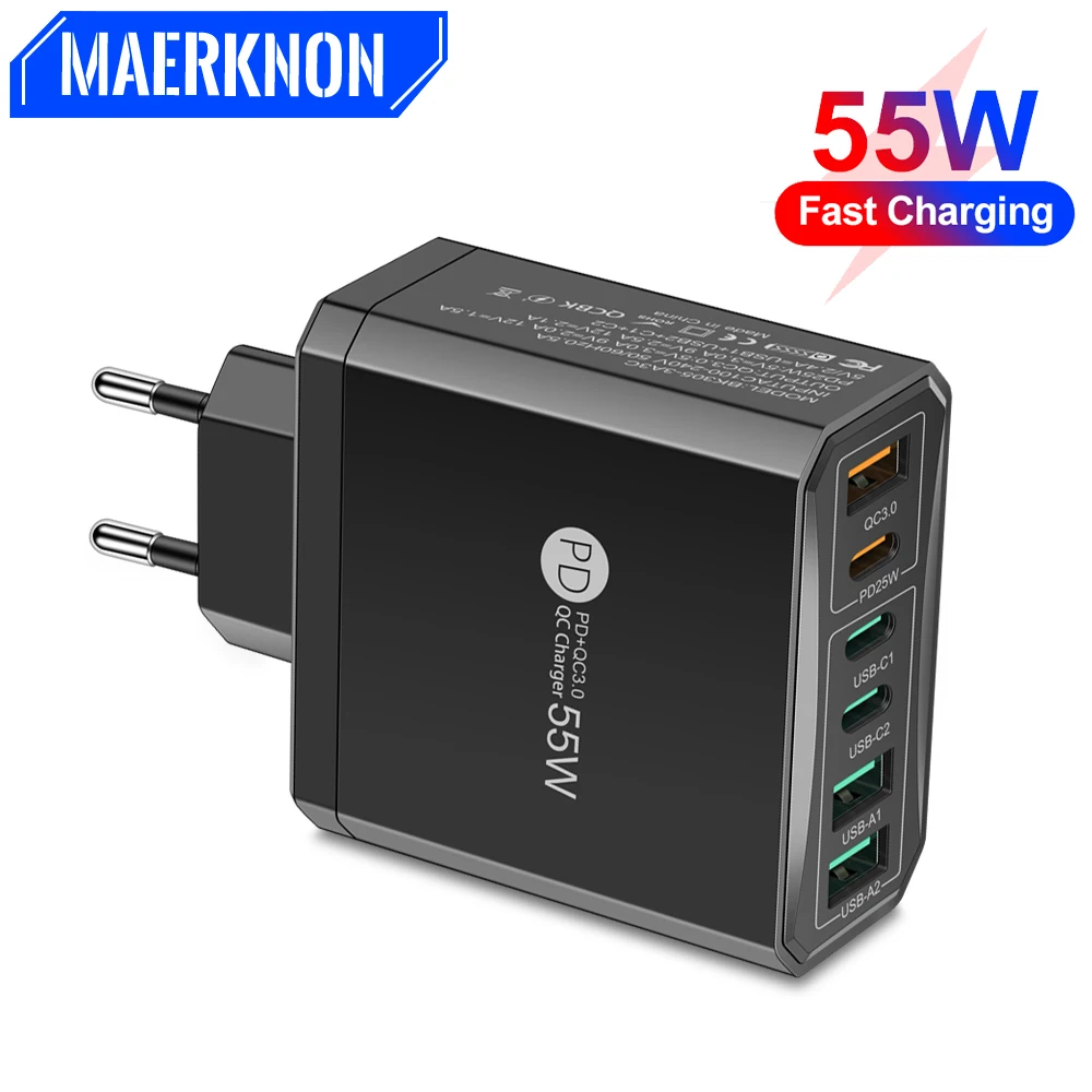 

55W USB C Charger PD 25W Type C Charger 6 Ports Fast Charging For iPhone 13 Pro Max Xiaomi 13 Samsung Quick Charge 3.0 KR Plug