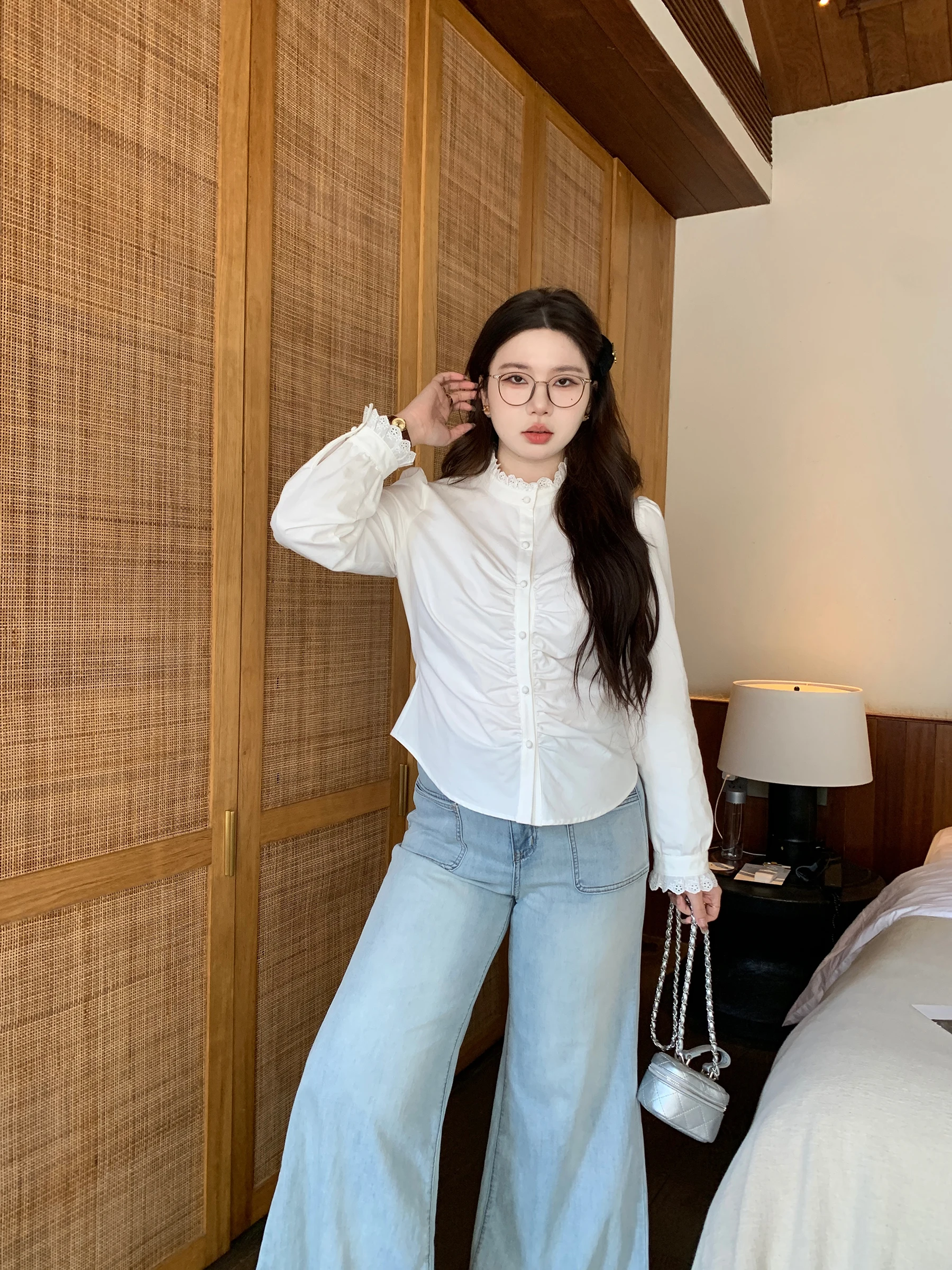 

White Lace Trim irt Girls Slim Fit Cotton Long Sve Stand Collar under irt Layering Flattering Waist Inward Girl Sle