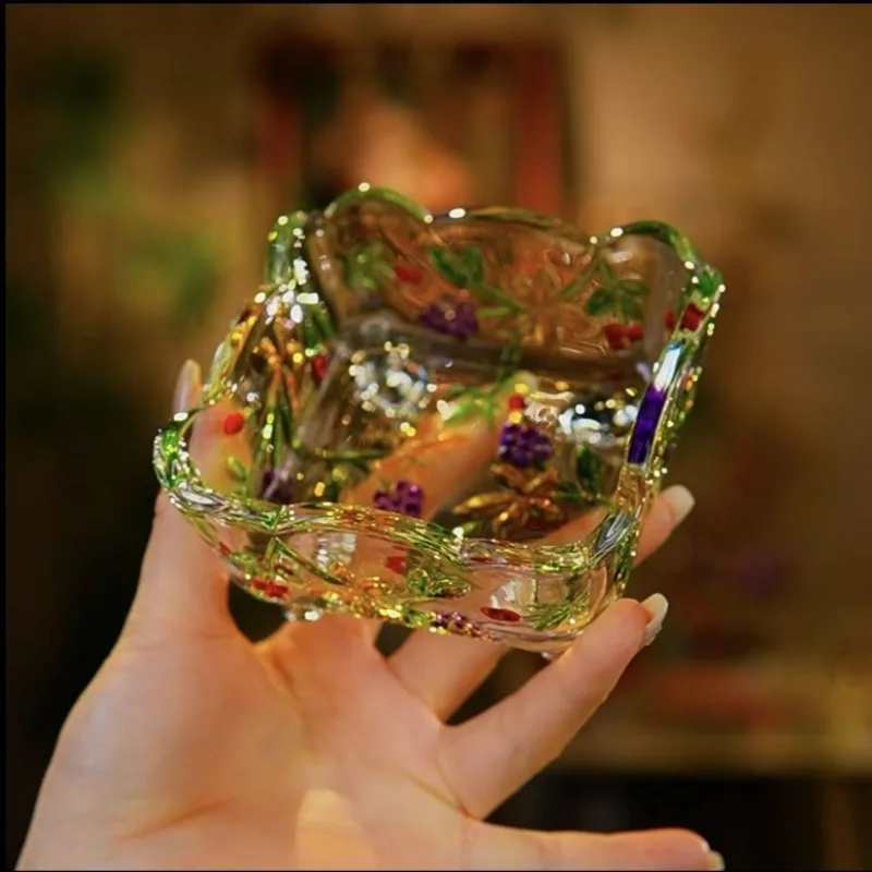

Embossed Stained Glass Square Plate Glass Fruit Bowl Household Snack Plate Sugar Tank Light Luxury Ornaments Decorative Bowl