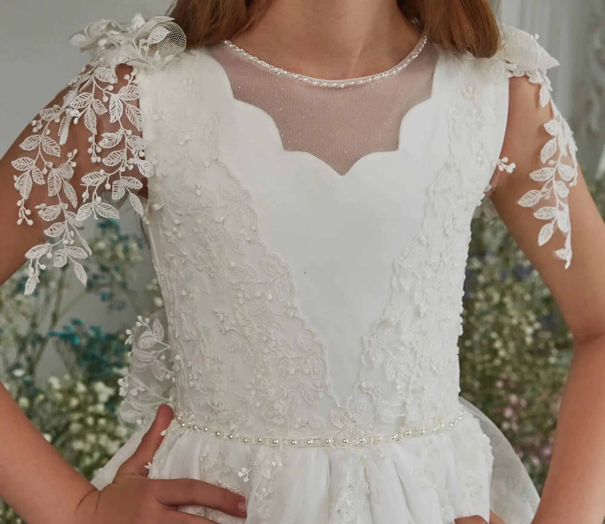 Vestido de primera comunión para niña, traje de tul con encaje Floral, apliques de cuentas, vestido de dama de honor Junior para fiesta de boda