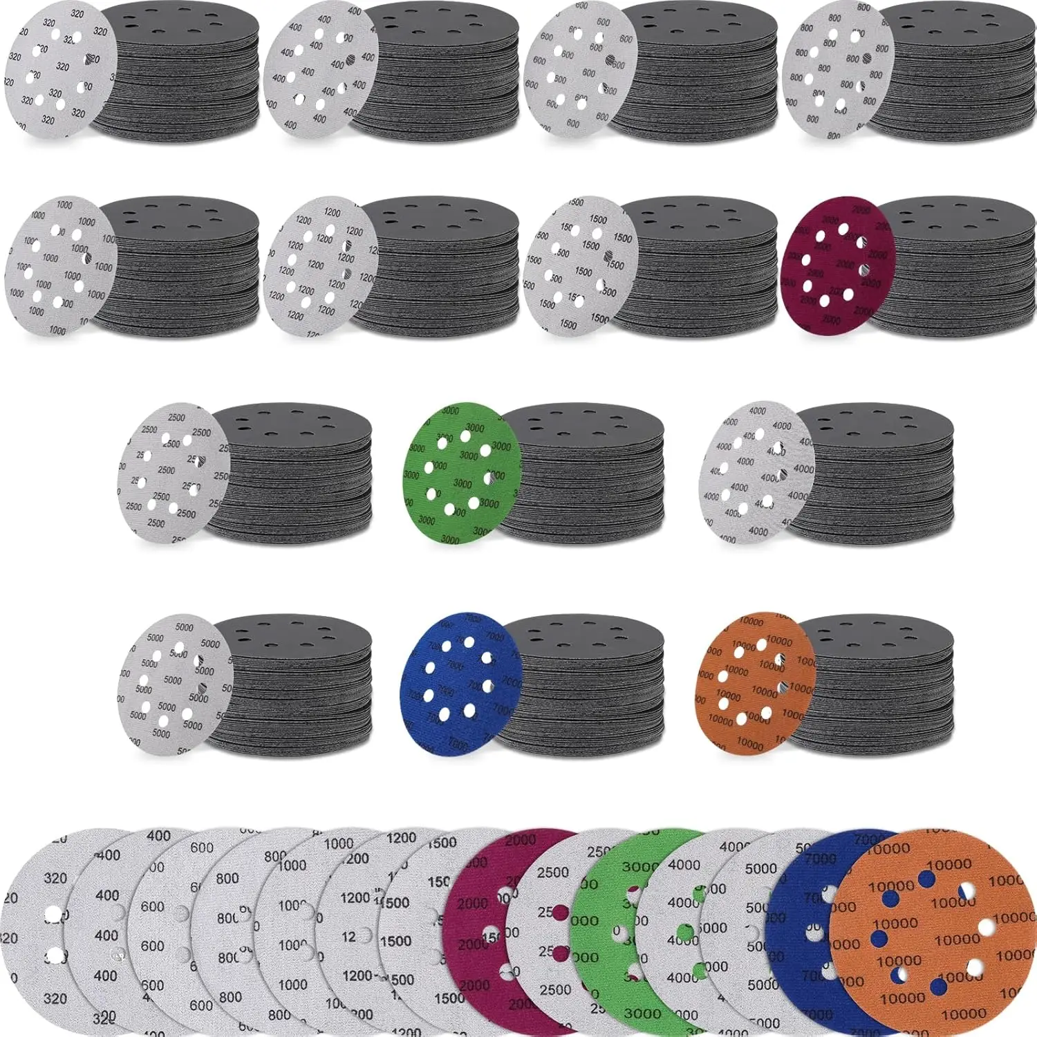 200 Discos de Lijado Húmedo/Seco de 5 Pulgadas con Velcro, Granos Surtidos de 320 a 10000 para Lijadora Orbital