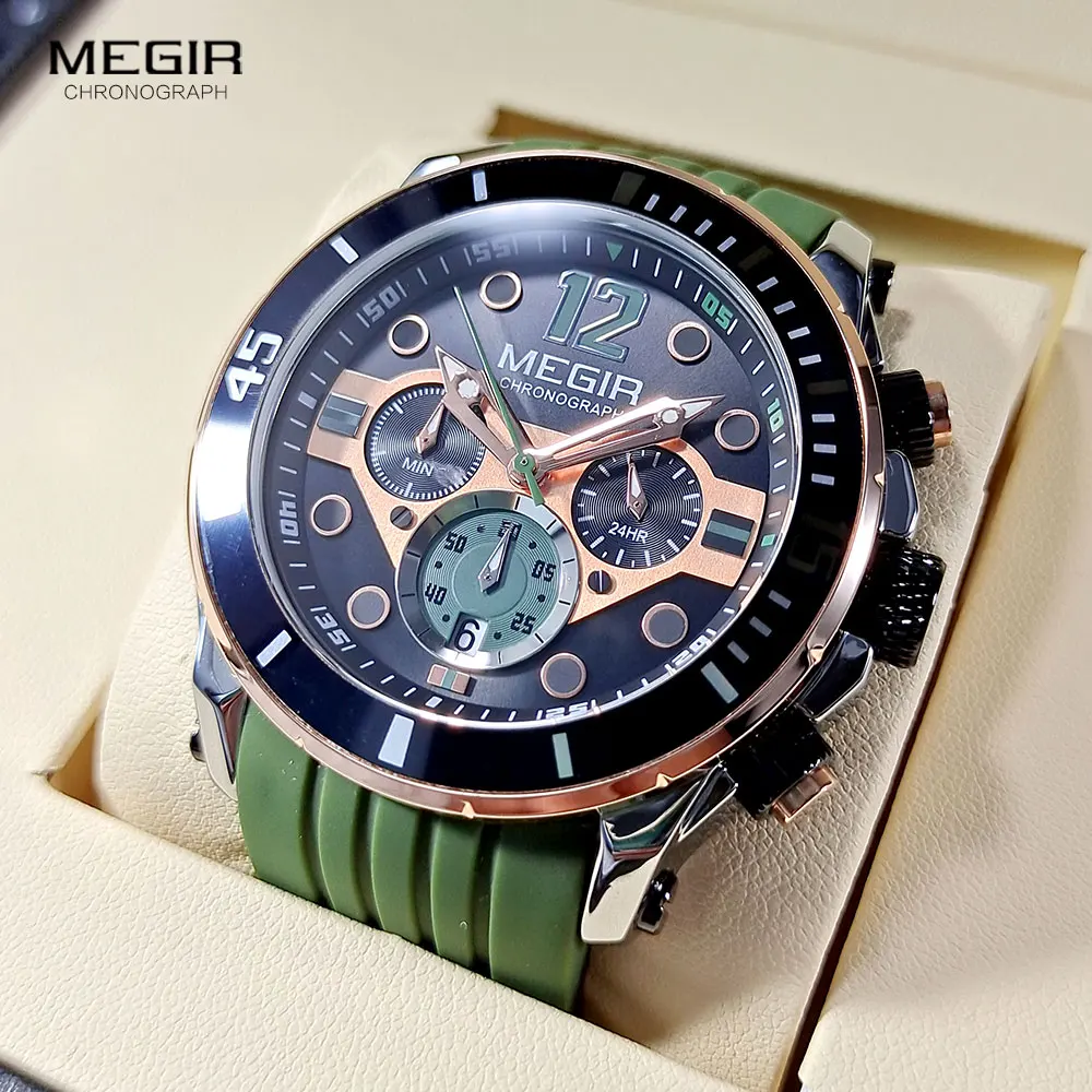 MEGIR Fashion Waterproof Quartz Watches for Men Luxury Military Sport Chronograph Wristwatch Silicone Strap часы мужские 2206